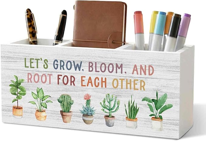 Boho Mental Health Classroom Pencil Pen Holder for Desk Organizer, Let's Grow Bloom and Root for Each Other Motivational Wooden Box Decorations for Therapy Office Desk Tabletop Decor