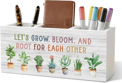Boho Mental Health Classroom Pencil Pen Holder for Desk Organizer, Let's Grow Bloom and Root for Each Other Motivational Wooden Box Decorations for Therapy Office Desk Tabletop Decor