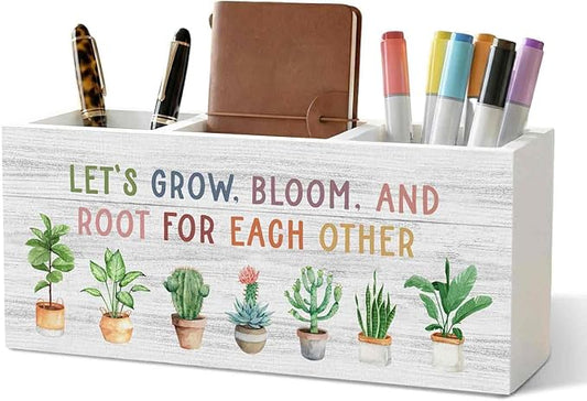 Boho Mental Health Classroom Pencil Pen Holder for Desk Organizer, Let's Grow Bloom and Root for Each Other Motivational Wooden Box Decorations for Therapy Office Desk Tabletop Decor
