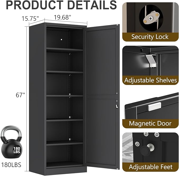 pozdeg 67" Metal Storage Cabinet with Lock, Tall Narrow Office File Cabinets with 5 Adjustable Shelves, Metal Steel Locker for Home, School, Office, Garage or Gym (Black)