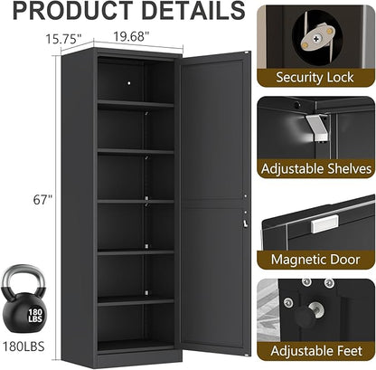 pozdeg 67" Metal Storage Cabinet with Lock, Tall Narrow Office File Cabinets with 5 Adjustable Shelves, Metal Steel Locker for Home, School, Office, Garage or Gym (Black)