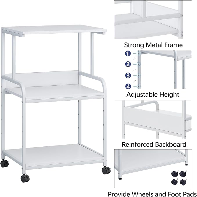 Arbuxzuy Printer Stand with Storage Shelf,3 Tier Printer Cart with Wheels,Mobile Printer Table for Home Office,Stands for Printer Heat Press Scanner Fax,Industrial Style (White)