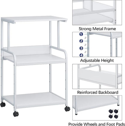 Arbuxzuy Printer Stand with Storage Shelf,3 Tier Printer Cart with Wheels,Mobile Printer Table for Home Office,Stands for Printer Heat Press Scanner Fax,Industrial Style (White)