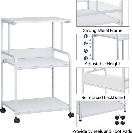 Arbuxzuy Printer Stand with Storage Shelf,3 Tier Printer Cart with Wheels,Mobile Printer Table for Home Office,Stands for Printer Heat Press Scanner Fax,Industrial Style (White)