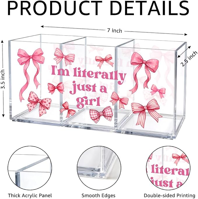 Just a Girl Acrylic Pen Holder, 3 Slot Pink Bow Desk Organizer | Cute pink bow acrylic organizer with 3 clear slots, keeps makeup, pens and remotes tidy; a sweet desk gift for teen girls.
