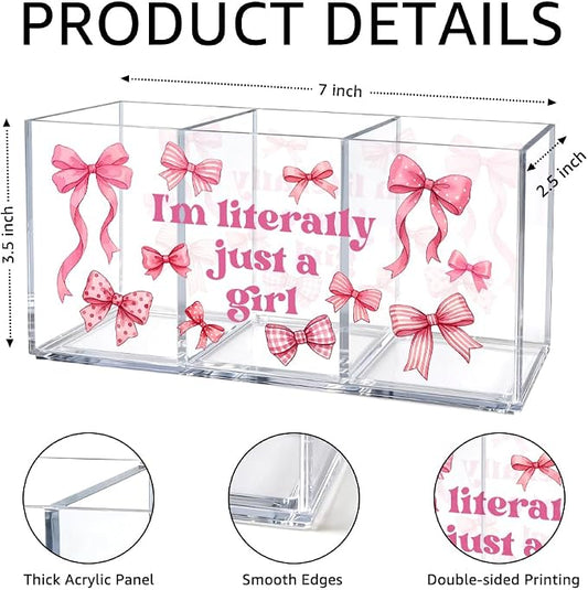 Just a Girl Acrylic Pen Holder, 3 Slot Pink Bow Desk Organizer | Cute pink bow acrylic organizer with 3 clear slots, keeps makeup, pens and remotes tidy; a sweet desk gift for teen girls.