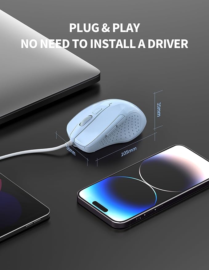 TECKNET Wired Mouse, 6-Button Corded with 4 Adjustable DPI, Optical Mouse with Ergonomic Design and 5FT Cord for Laptop, Chromebook, PC, Desktop, Mac, Notebook - LT.Blue