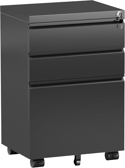 Bonusall 【Fully Assembled】 3 Drawer File Cabinet with Lock, Small Under Desk Filing Cabinet for Home Office, Fully Assembled Metal Rolling Storage Fits A4/Letter/Legal, Black
