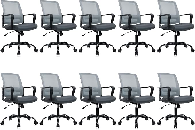 CLATINA Ergonomic Office Desk Chair - Mesh Office Chair with Adjustable Lumbar Support, Rolling Comfortable Computer Task Chairs with Arms for Home Conference-Gray, 10 Pack