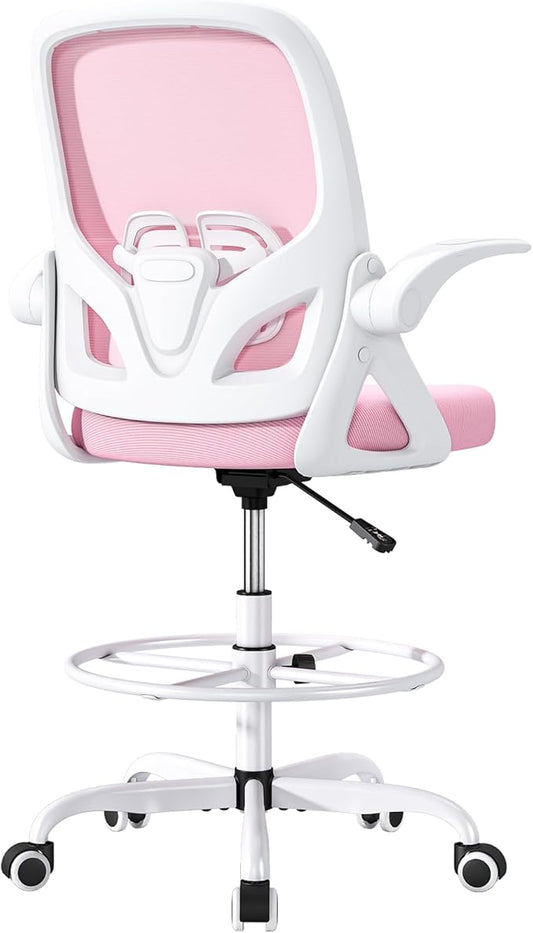 ORRSAKER Drafting Chair, Tall Office Chair with Flip-up Arms, Mesh Ergonomic Computer Standing Desk Chair with Adjustable Height Foot Ring and Lumbar Support, 300 LBS Capacity, Pink
