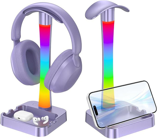 Headphone Stand with Charger,Gaming Headset stand with RGB Light Mode,For Airpod Max Stand,Desk Lamp,Phone Holder,Tablet Holder,desktop organizer,Gifts for Gamers & Music Lover (Purple)