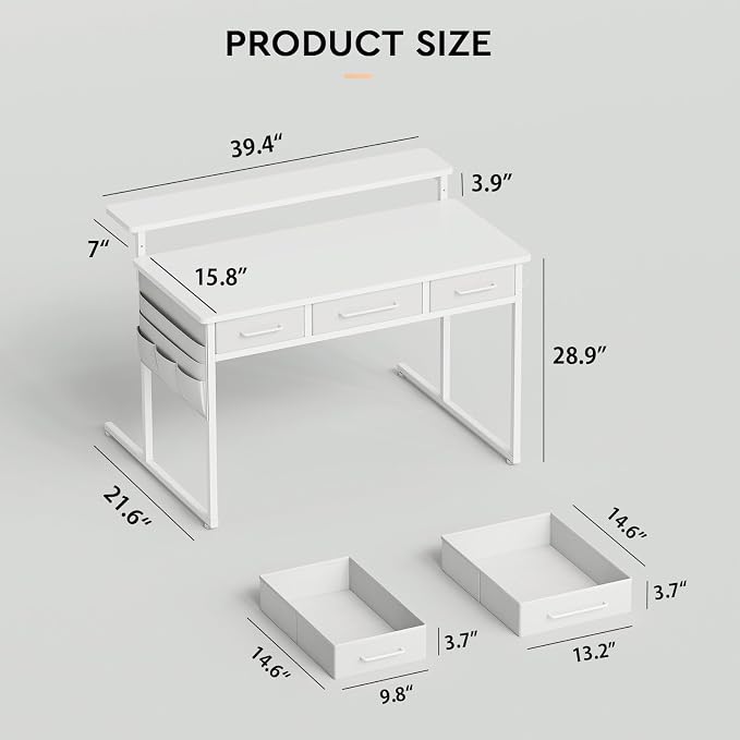 Maihail Small Desk with Drawers, 39.4X15.8-22.9 Inches Office Computer Desk with Side Pocket & Ergonomic Monitor Stand, Writing Table for Small Spaces, Bedroom, White