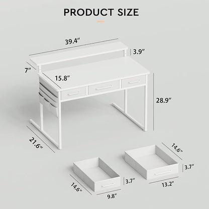 Maihail Small Desk with Drawers, 39.4X15.8-22.9 Inches Office Computer Desk with Side Pocket & Ergonomic Monitor Stand, Writing Table for Small Spaces, Bedroom, White