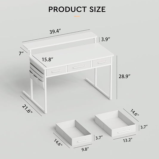 Maihail Small Desk with Drawers, 39.4X15.8-22.9 Inches Office Computer Desk with Side Pocket & Ergonomic Monitor Stand, Writing Table for Small Spaces, Bedroom, White