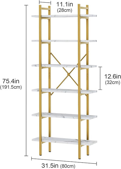 6 Tiers Bookshelf Organizer White Faux Marble Shelf,Modern Open Display Storage Bookcase, and Metal Bookshelf Standing Storage Shelf Tall Shelving Units for Home Office Study
