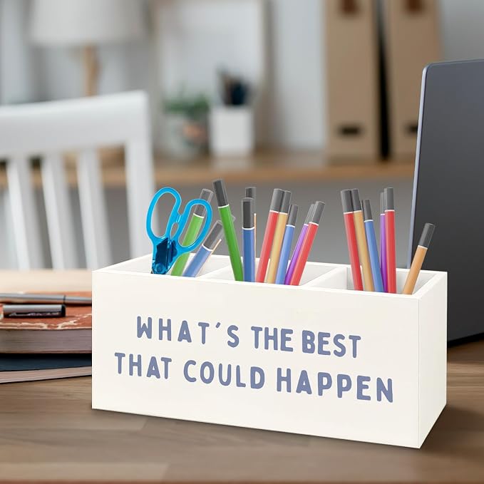 What's the Best That Could Happen Inspirational Wooden Pen Pencil Holder for Office Desk Accessories, Motivational Desk Decor, Retro Blue Makeup Brush Toothbrush Holder Organizer