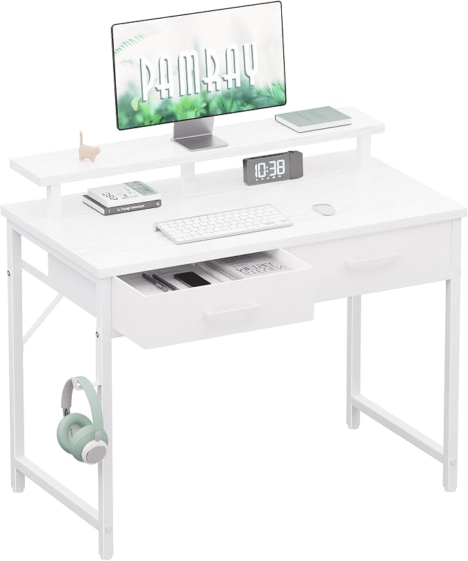 Pamray 32 Inch Small Computer Desk with Monitor Stand Home Office Desks with 2 Drawers for Bedroom Study Writing and Work Table for Small Spaces White