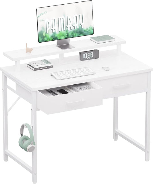 Pamray 32 Inch Small Computer Desk with Monitor Stand Home Office Desks with 2 Drawers for Bedroom Study Writing and Work Table for Small Spaces White