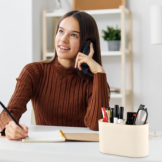 PU Leather Desk Organizer & Pen Holder - 2-Compartment Small Pencil Cup, Remote Control Caddy, and Makeup Brush Storage for Office, Home, and School Supplies