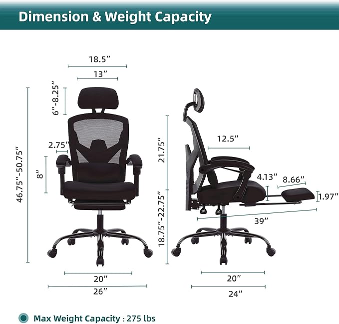 DUMOS Office Desk Computer Chair with Footrest, Ergonomic Mesh Swivel Gaming Chair with Rolling Wheels, Comfortable Headrest, Lumbar Support, Comfy for Home, Office, Task, Student, Inky