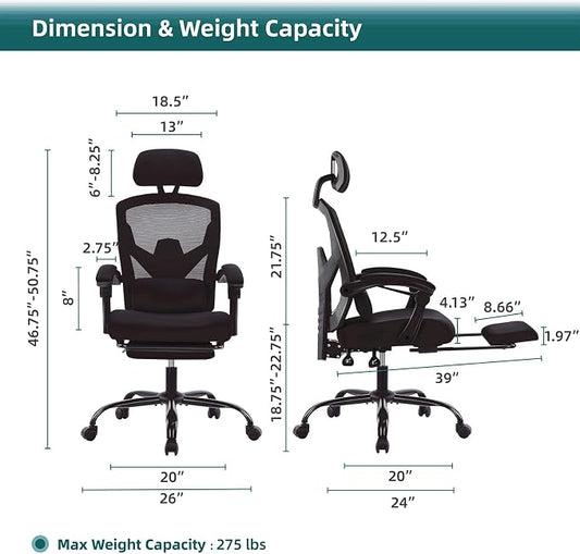 DUMOS Office Desk Computer Chair with Footrest, Ergonomic Mesh Swivel Gaming Chair with Rolling Wheels, Comfortable Headrest, Lumbar Support, Comfy for Home, Office, Task, Student, Inky
