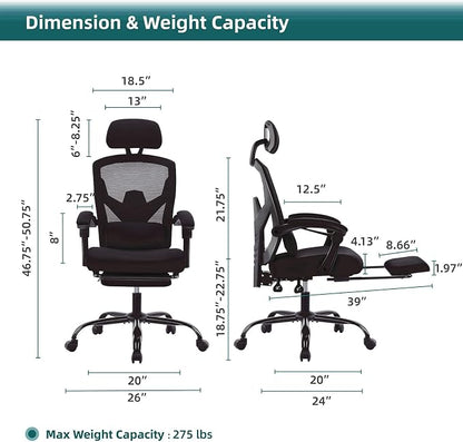 DUMOS Home Office Desk Chair with Footrest, High-Back Mesh Rolling Swivel Reclining Chairs with Wheels, Comfortable Headrest, Lumbar Support, Comfy Arms for Home, Office, Gaming, Student, Inky