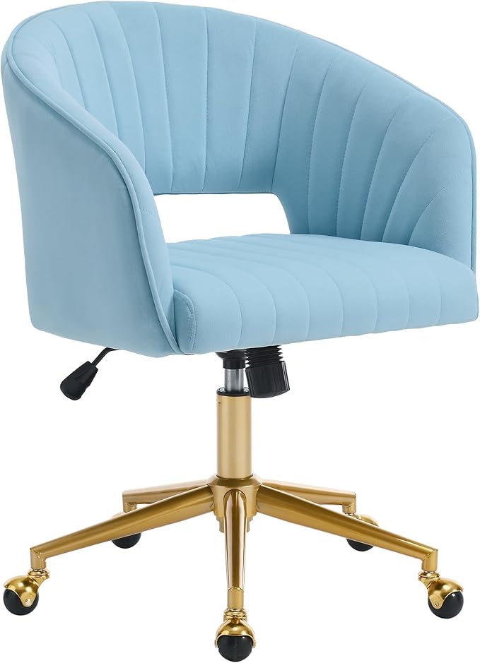 KCC Home Office Chair Swivel Desk Chair Accent Armchair Upholstered Modern Tufted Chairs with Gold Base for Girls Women Ergonomic Study Seat Computer Task Stools, with Wheels, Velvet(Blue)