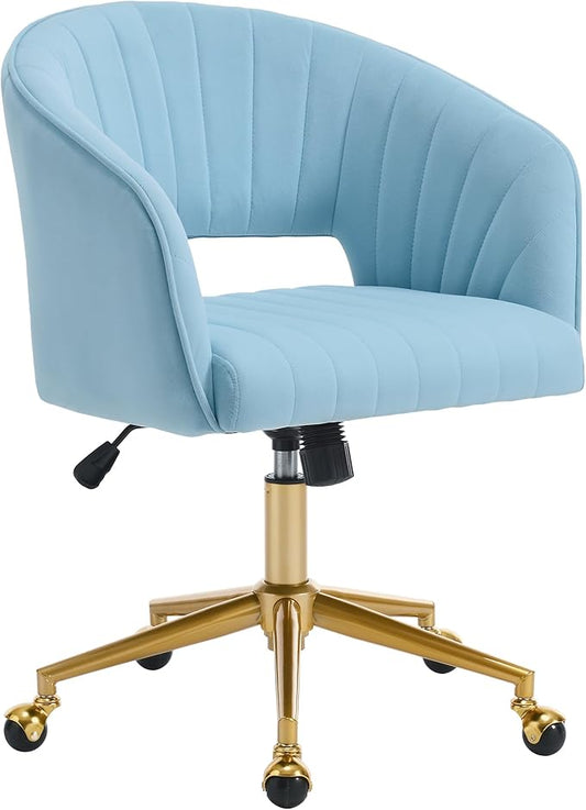 KCC Home Office Chair Swivel Desk Chair Accent Armchair Upholstered Modern Tufted Chairs with Gold Base for Girls Women Ergonomic Study Seat Computer Task Stools, with Wheels, Velvet(Blue)