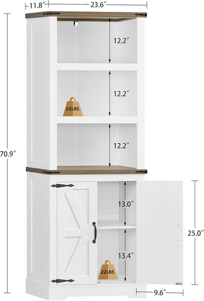 TEENFON 70.9in Tall Storage Cabinet with Adjustable Shelves, Kitchen Pantry Cabinet with 2 Barn Doors, 5 Tiers Farmhouse Bookcase for Living Room, Kitchen, Home Office, Bedroom, White