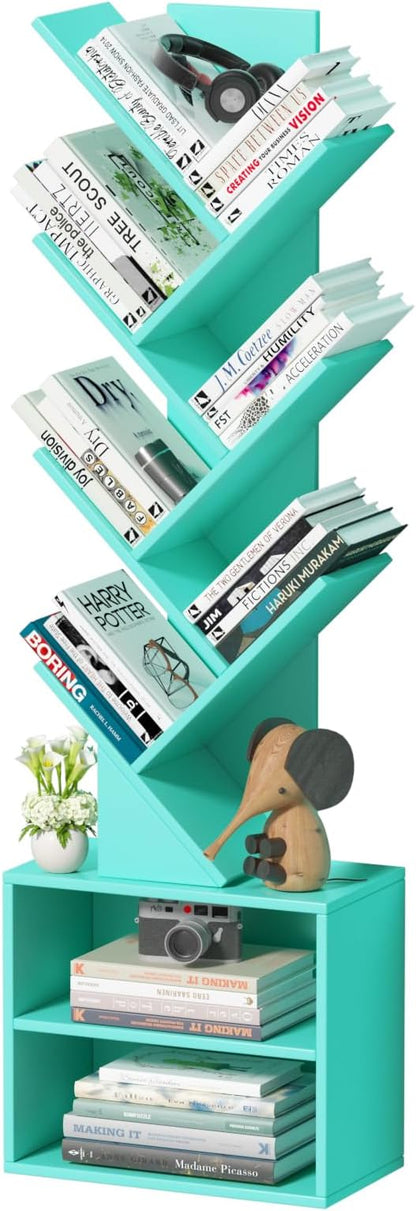 SHEEPAM 10 Tier Tree Bookshelf,Floor Standing Wood Tall Bookcase for Narrow Space, Storage Organizer Bookshelves for Books, Book Case for CDs/Movies/Books,Home Office,Living Room, Bedroom