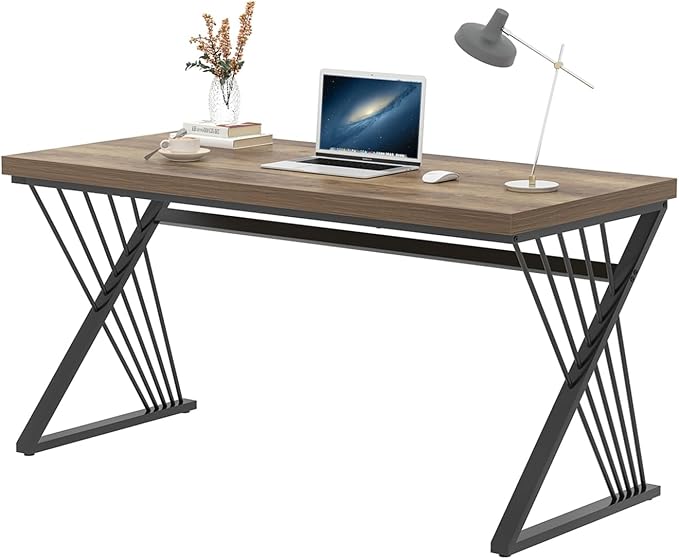 FOLUBAN Modern Home Office Desk, Wood and Metal Computer Desk, Industrial Study Writing Work Table for Bedroom Living Room, Oak, 60 Inch