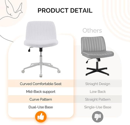 VINGLI Criss Cross Legged Chair,Wide Comfy Office Desk Chair,Dual-Use with/no Wheels Computer Task Chair,Swivel Armless Vanity Boucle Chair for Study,Make Up,Home Office,Teddy Fleece,White