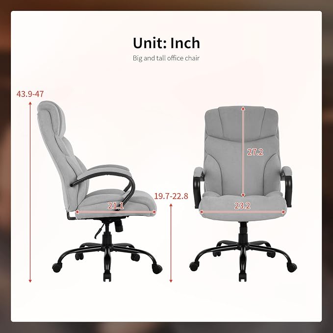 Office Chair Big and Tall 500lbs Wide Seat Desk Chair with Lumbar Support Arms High Back PU Leather Executive Task Ergonomic Computer Chair for Back Pain (Grey)