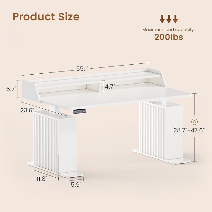 SEDETA Standing Desk with Storage, 55" Fluted Stand Up Desk with Power Outlets & LED Lights, Height Adjustable Table with Monitor Shelf for Home Office, Gaming, White