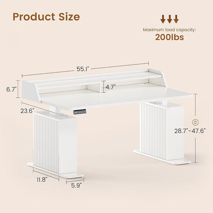 SEDETA Standing Desk with Storage, 55" Fluted Stand Up Desk with Power Outlets & LED Lights, Height Adjustable Table with Monitor Shelf for Home Office, Gaming, White