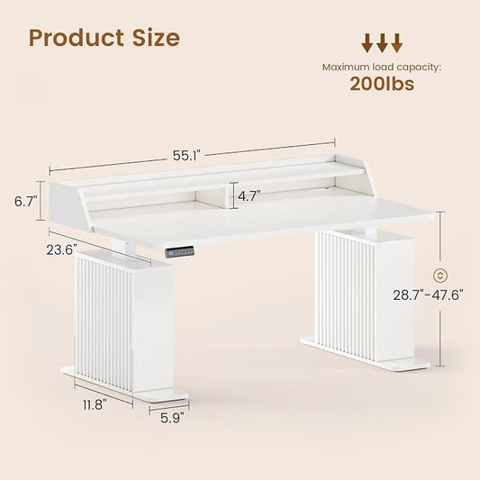 SEDETA Standing Desk with Storage, 55" Fluted Stand Up Desk with Power Outlets & LED Lights, Height Adjustable Table with Monitor Shelf for Home Office, Gaming, White