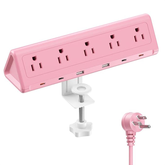 6.5 FT Desk Clamp Power Strip with 5 AC Outlets & 6 USB Ports PD 40W USB-C Fast Charging, 1250J Surge Protector, Fits 2.1 in top Edge Pink