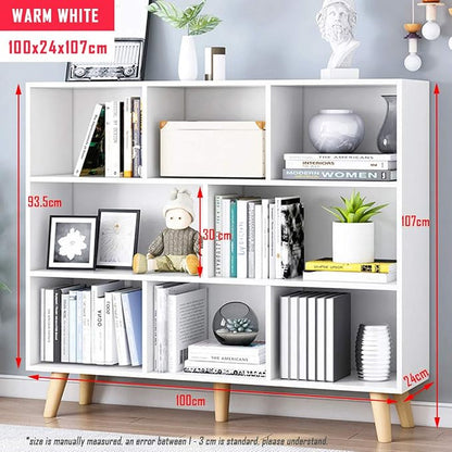 IOTXY Wooden Open Shelf Bookcase - 3-Tier Floor Standing Display Cabinet Rack with Legs, 8 Cubes Bookshelf, Warm White