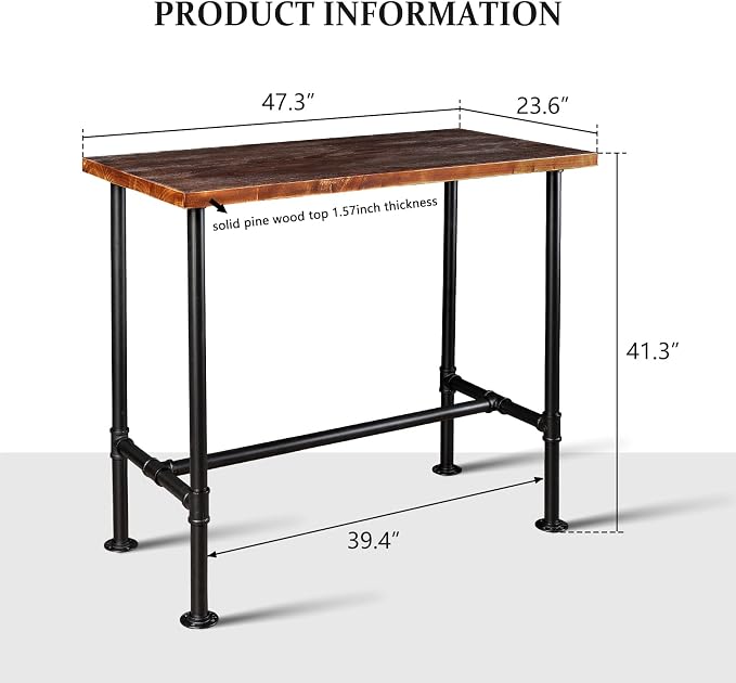 DIY Industrial Design Pipe Dining Table Casual Pub BAR Laptop Table Modern Studio Wood and Metal Rectangular Dining Table homeoffice Desk Breakfast high bar Table Brown Desktop 47.3" × 23.6"