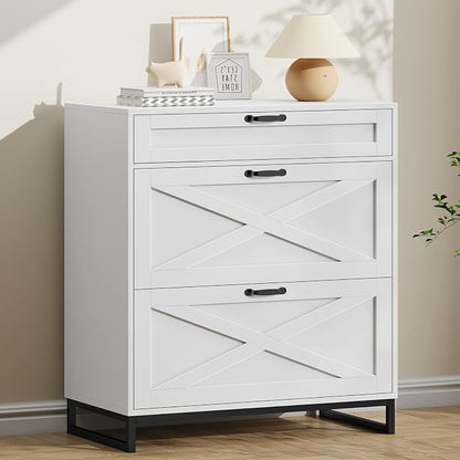 Vabches Lateral File Cabinet, Modern Farmhouse File Cabinet with 3 Drawers for Legal/Letter/A4 Size Hanging Files, Printer Stand Large Wood Home Office, Office White