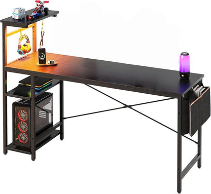 Bestier Gaming Desk with Shelves, 61 Inch Large PC Gaming Table with LED Lights, Led Gamer Desk with 4 Tiers Reversible Storage Shelves for Game & Bedroom Room (Black Grained)
