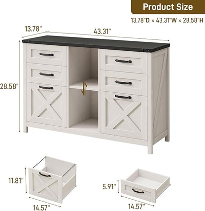 Lateral File Cabinet with 6 Drawers, Farmhouse Filing Cabinet for Letter/A4 Size, Wood File Storage Cabinets Printer Stand with Open Storage Adjustable Shelf for Home Office Cabinets, White and Black