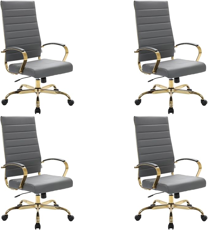 LeisureMod Modern High-Back Leather Office Chair - Swivel & Adjustable Executive Desk Chair with Gold Frame, Ergonomic Design for Home & Office (Grey, Set of 4)