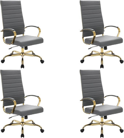 LeisureMod Modern High-Back Leather Office Chair - Swivel & Adjustable Executive Desk Chair with Gold Frame, Ergonomic Design for Home & Office (Grey, Set of 4)