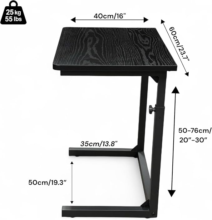 Height Adjustable C-Shaped Sofa Side Table, Laptop Table for Couch & Bed, Black