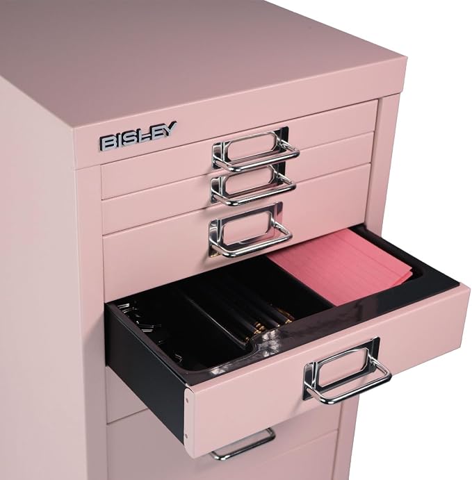 Bisley 8-Drawer Steel MultiDrawer Cabinet - Palest Pink | Chrome Pull Handles with Label Holders, Powder-Coated Steel, Removable Drawers, Fits Under Most Desks, Labels Included