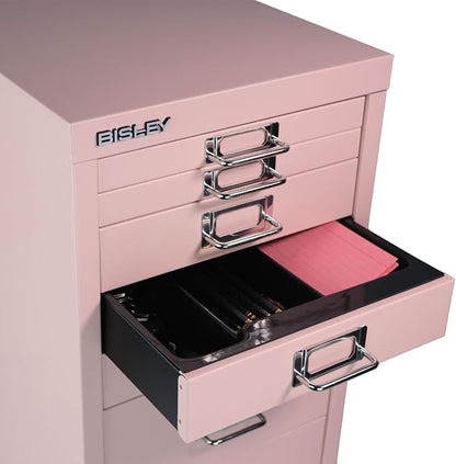 Bisley 8-Drawer Steel MultiDrawer Cabinet - Palest Pink | Chrome Pull Handles with Label Holders, Powder-Coated Steel, Removable Drawers, Fits Under Most Desks, Labels Included