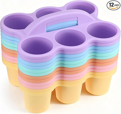 12 Pcs Classroom Caddy Bulk - Plastic 6 Compartments Table Storage Caddy with Handle for School Pencil, Crafts Marker, Crayon Art, Drink Cup Delivery (Macaron Colors)