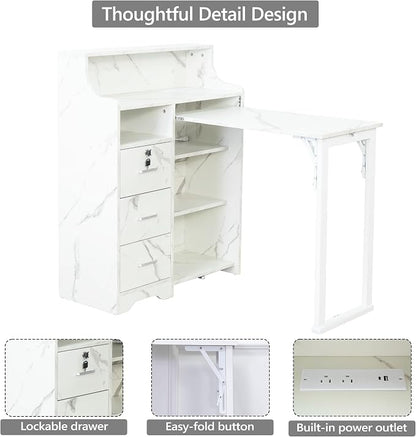 Fold Out Desk with Storage, Hidden Desk with Lockable Drawers & Shelves, Built-in Power Outlet,Folding Desk for Study and Home Office (Marble-Effect White)