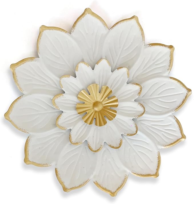 LIFFY 9.2“ White and Gold Metal Flower Wall Art, Modern Rustic Floral Decor for Indoor Living Room Bedroom Office Outdoor Garden Patio Yard